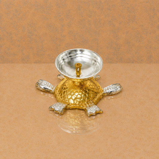 Premium Gold & Silver Finish Tortoise Diya with Wick Holder – Decorative Pooja Gift Set with Display Box