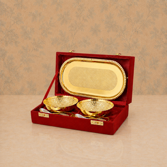 Premium Gold-Plated Bowl Set with Serving Tray & Spoons – Velvet Gift Box