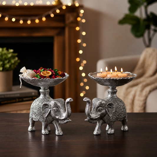 Antique Silver Elephant Bowl Holder Set – Pair