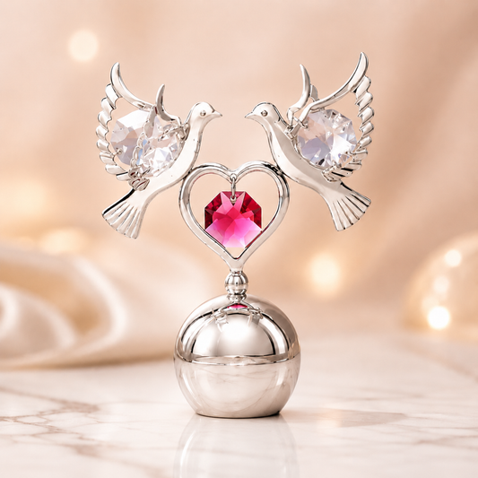 Silver Plated Twin Dove Figurine with Pink Crystal Heart