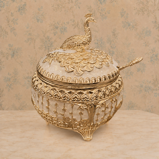 Premium Gold-Tone Peacock Decorative Serving Bowl with Lid & Spoon