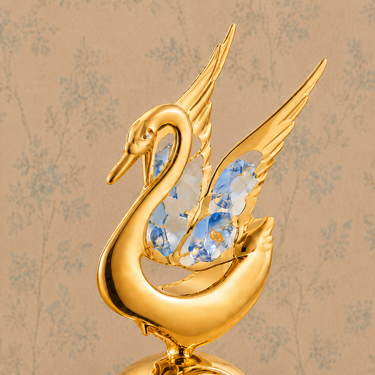 Golden Swan Crystal Figurine with Integrated Table Clock