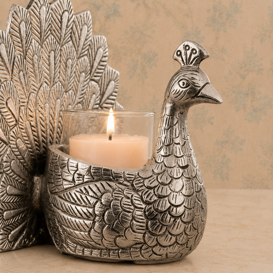 Antique Silver-Tone Peacock Tealight Candle Holder with Glass Cup