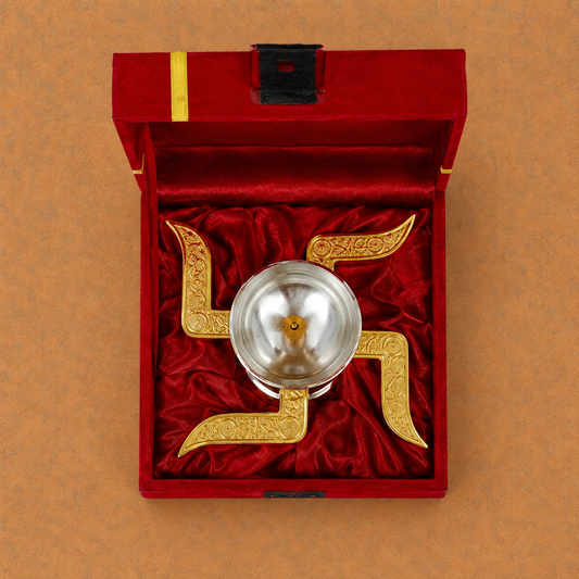 Premium Gold & Silver Finish Swastik Diya with Wick Holder – Decorative Pooja Gift Set
