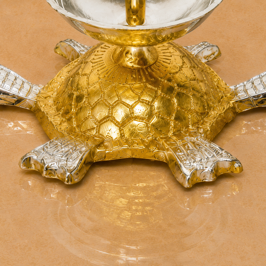 Premium Gold & Silver Finish Tortoise Diya with Wick Holder – Decorative Pooja Gift Set with Display Box