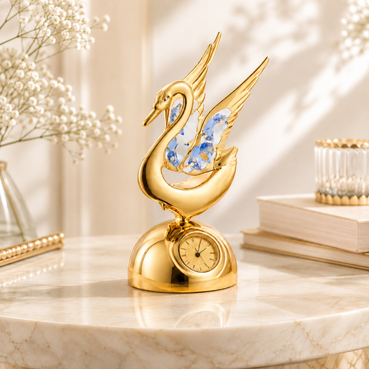 Golden Swan Crystal Figurine with Integrated Table Clock