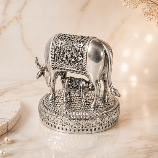 Kamdhenu Cow & Calf Silver Plated Idol