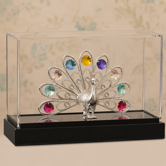 Royal Silver Crystal Peacock Decorative Showpiece with Premium Display Case