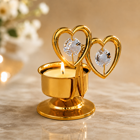 24K Gold Plated Double Heart Crystal Candle Holder