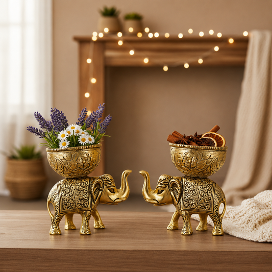 Antique Gold-Tone Elephant Decorative Bowl Set – Pair