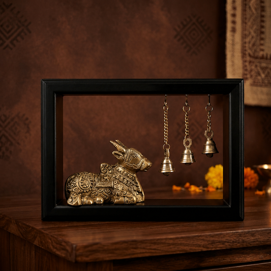 Nandi Brass Idol with Hanging Temple Bells Wooden Frame