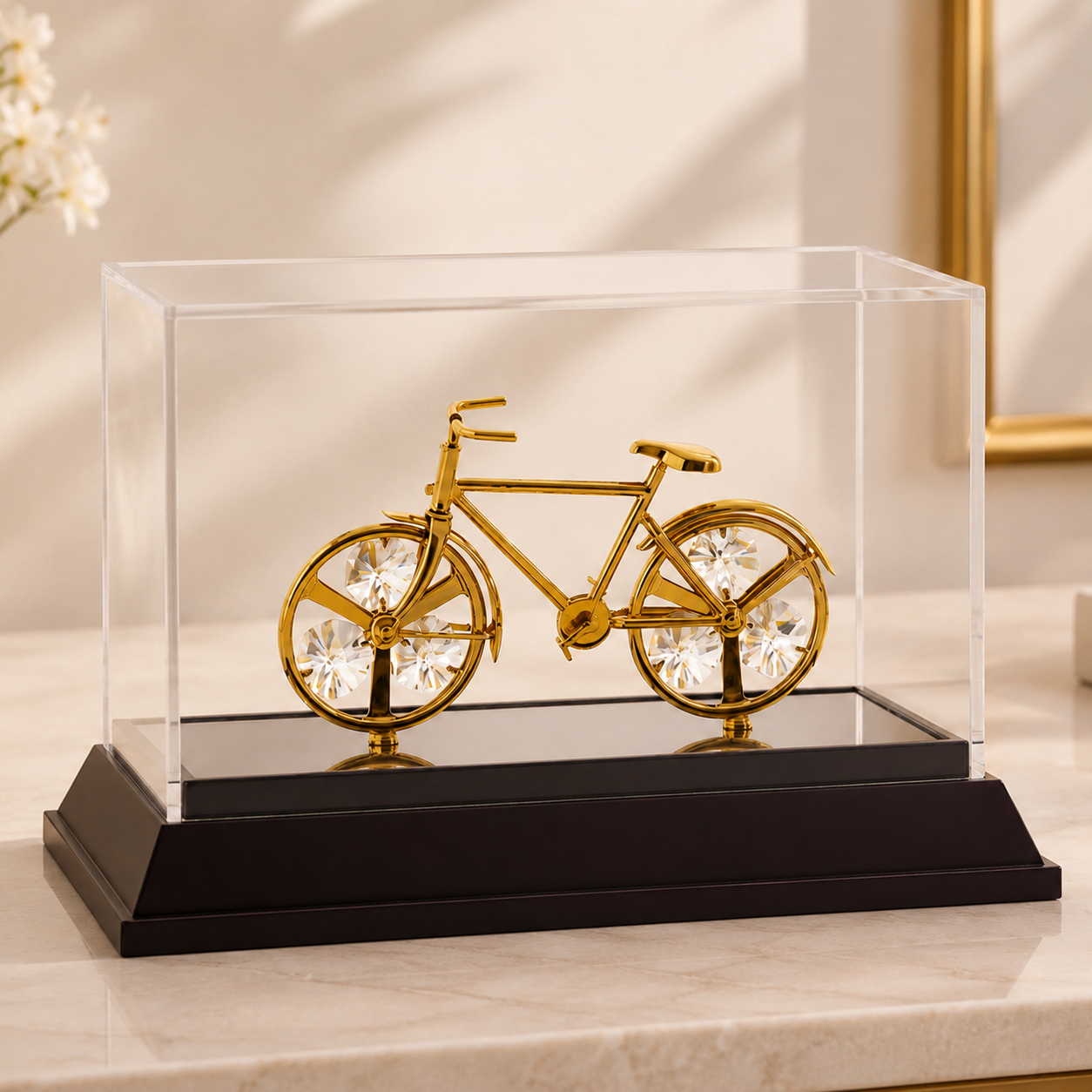 Premium Gold Finish Crystal Bicycle Showpiece – Luxury Table Décor with Display Case