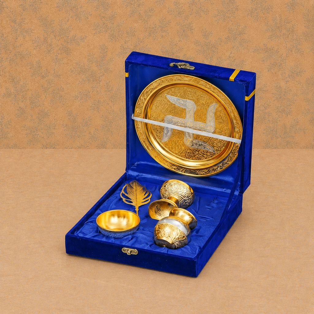 Royal Gold Finish Swastik Pooja Thali Set with Accessories