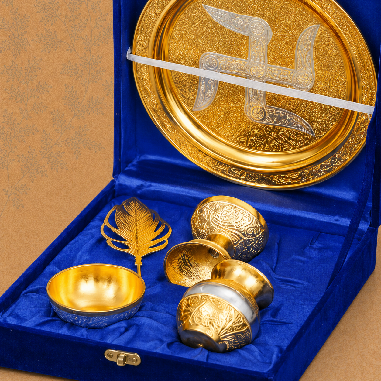 Royal Gold Finish Swastik Pooja Thali Set with Accessories