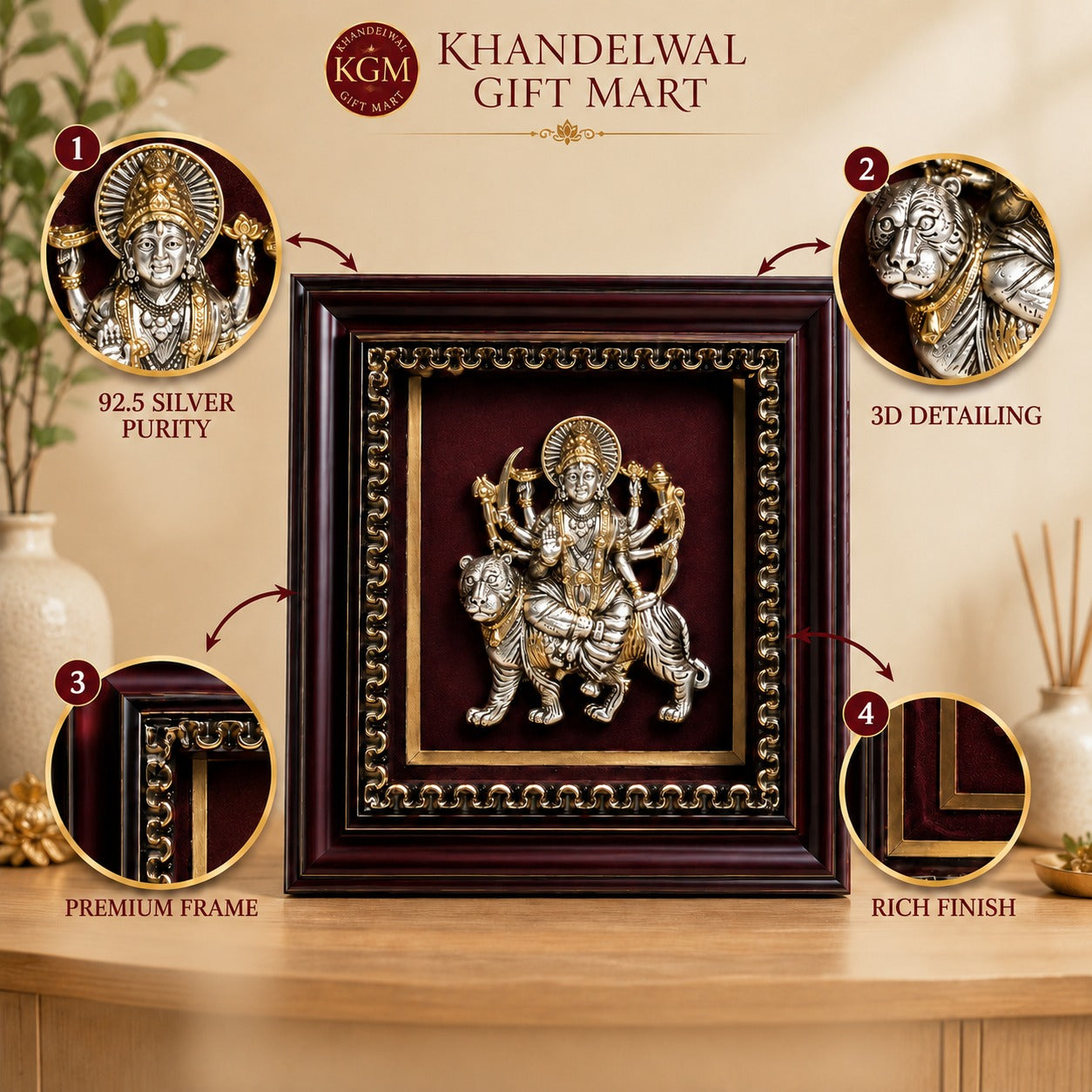 Maa Durga on Tiger 925 Sterling Silver Frame
