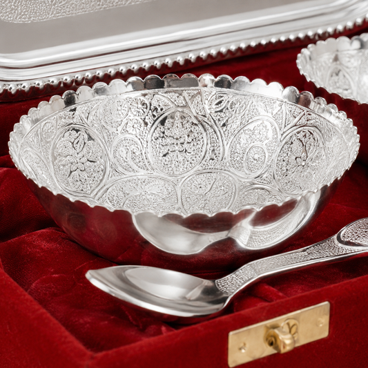 Premium Silver-Plated Bowl Set with Serving Tray & Spoons – Velvet Gift Box
