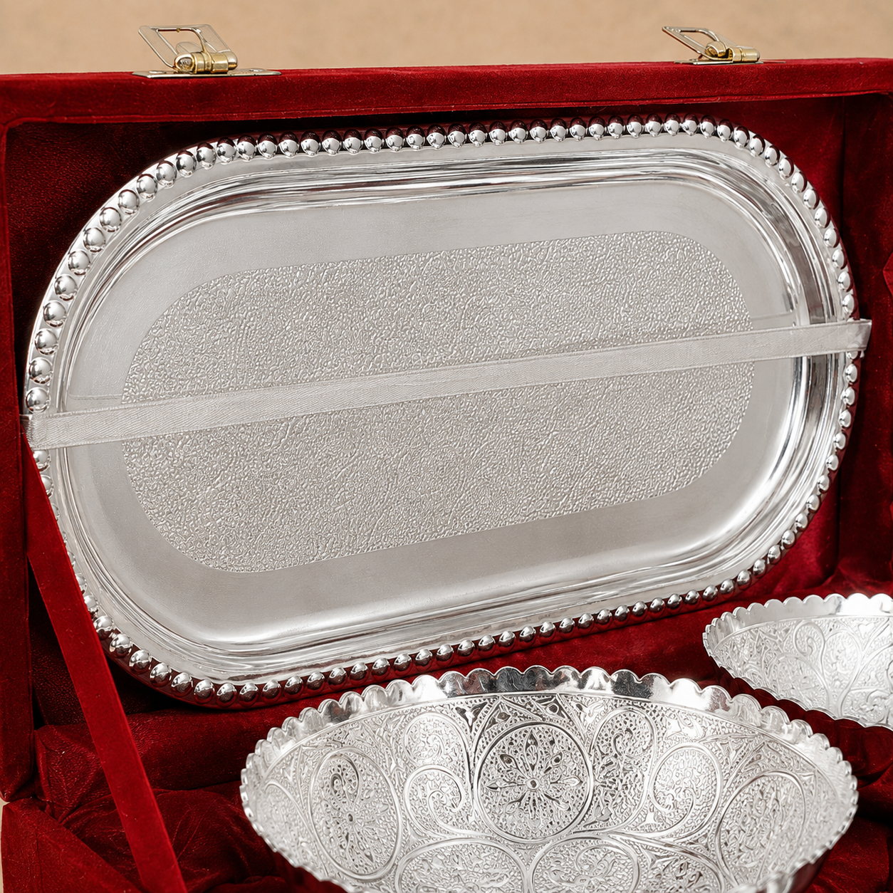 Premium Silver-Plated Bowl Set with Serving Tray & Spoons – Velvet Gift Box