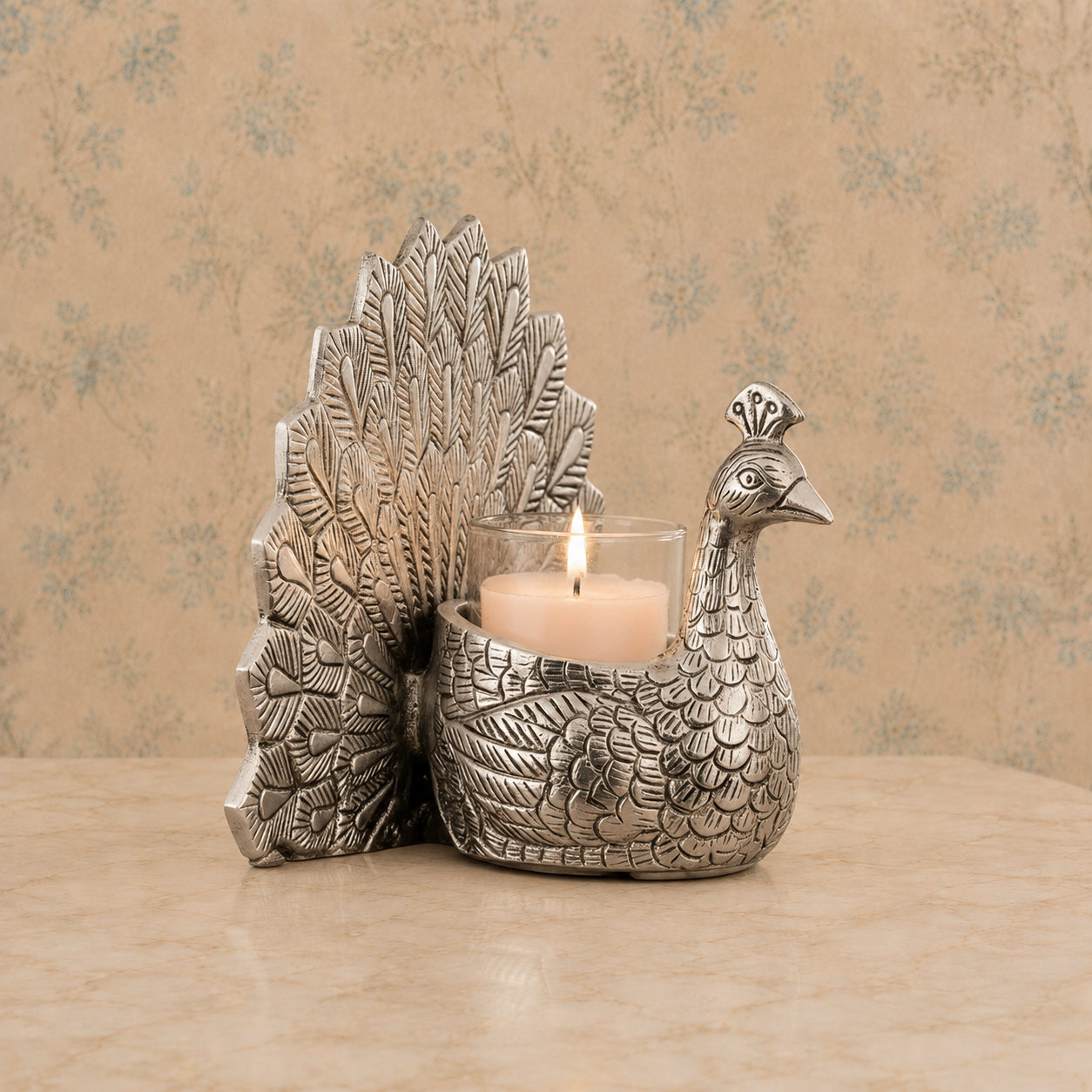 Antique Silver-Tone Peacock Tealight Candle Holder with Glass Cup