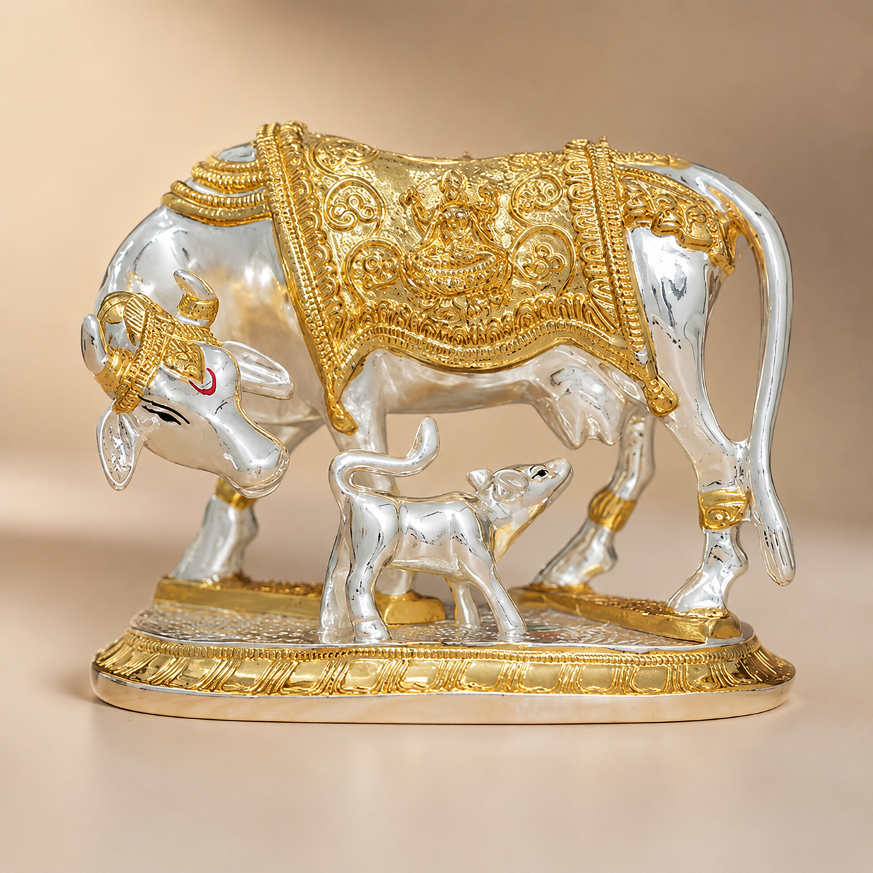 Kamdhenu Cow & Calf Gold Plated Idol
