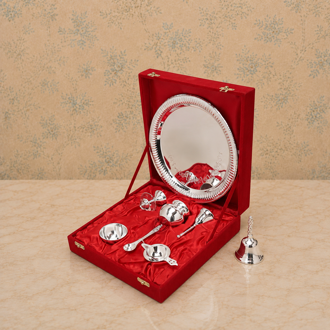 Royal Silver Finish Pooja Thali Set with Bell & Accessories
