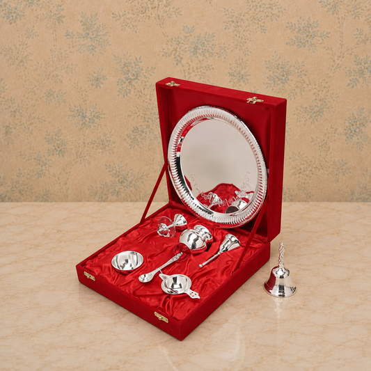 Royal Silver Finish Pooja Thali Set with Bell & Accessories
