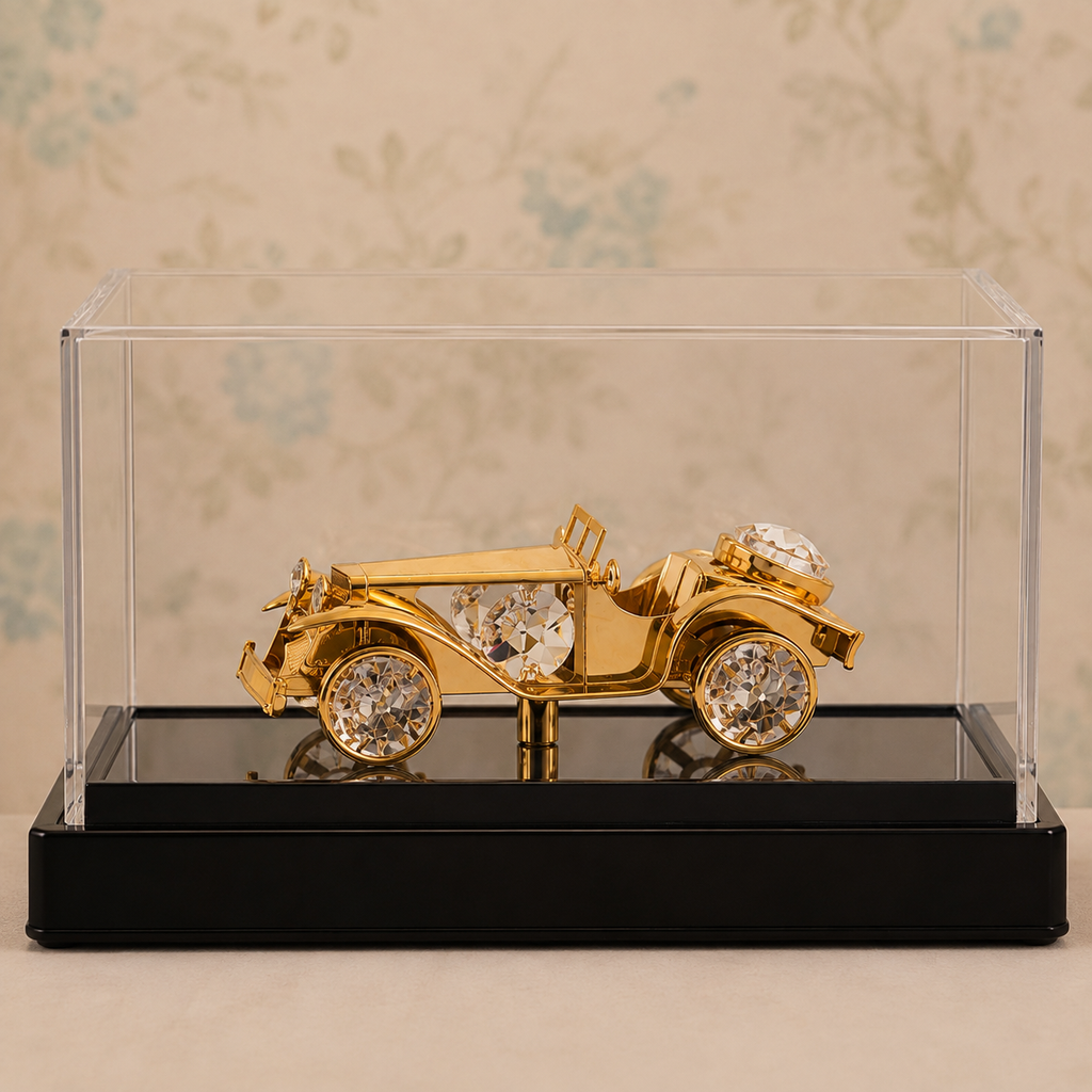 24K Gold-Plated Crystal Vintage Car Showpiece with Acrylic Display Case