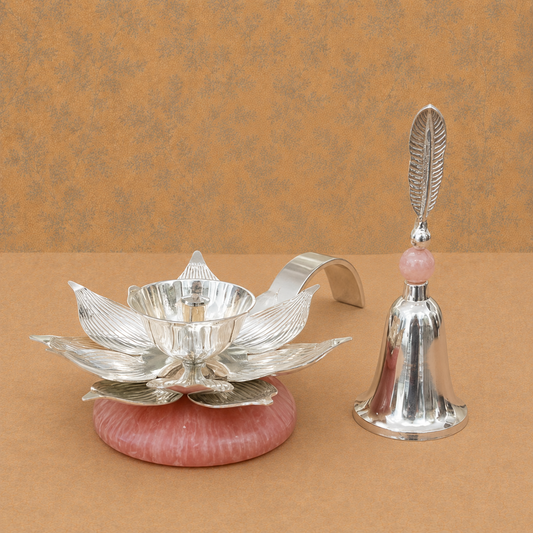 Premium Silver Finish Lotus Diya & Decorative Bell Set with Pink Stone-Style Base & Display Box