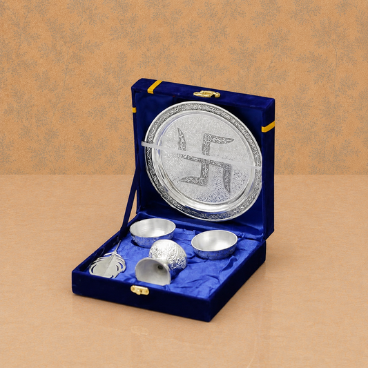 Royal Silver Finish Swastik Pooja Thali Set with Bell & Accessories – Premium Festive Gift Set