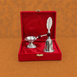 Premium Silver Finish Pooja Bell & Aarti Diya Set with Decorative Leaf Handle