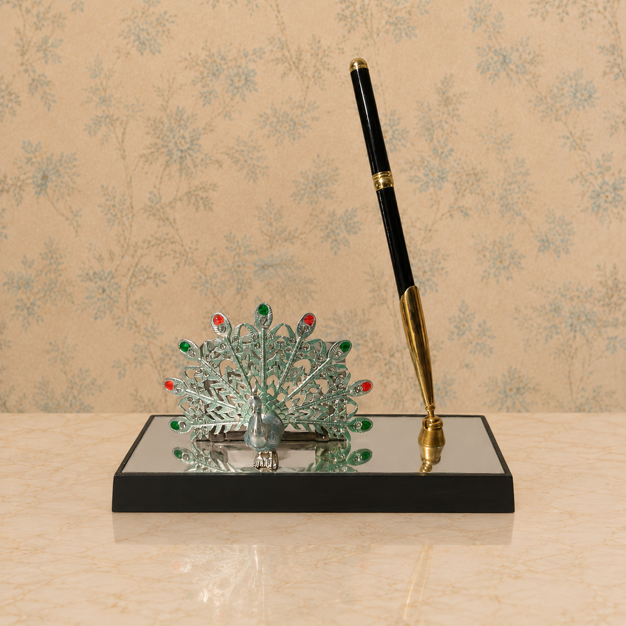 Luxury Peacock Visiting Card Holder with Pen Stand