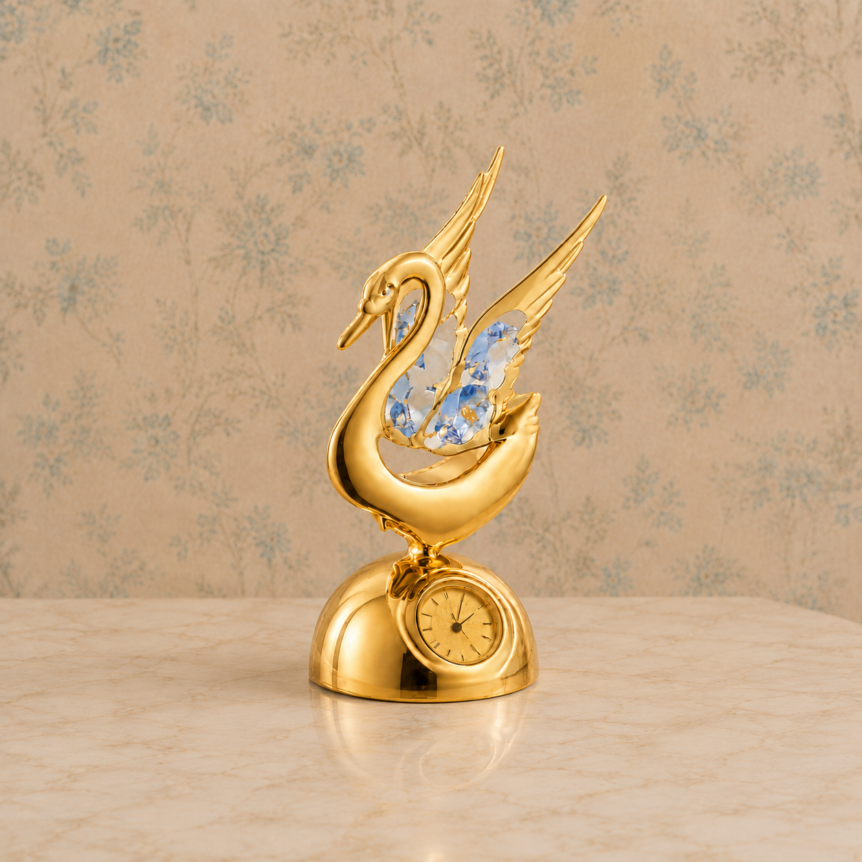 Golden Swan Crystal Figurine with Integrated Table Clock