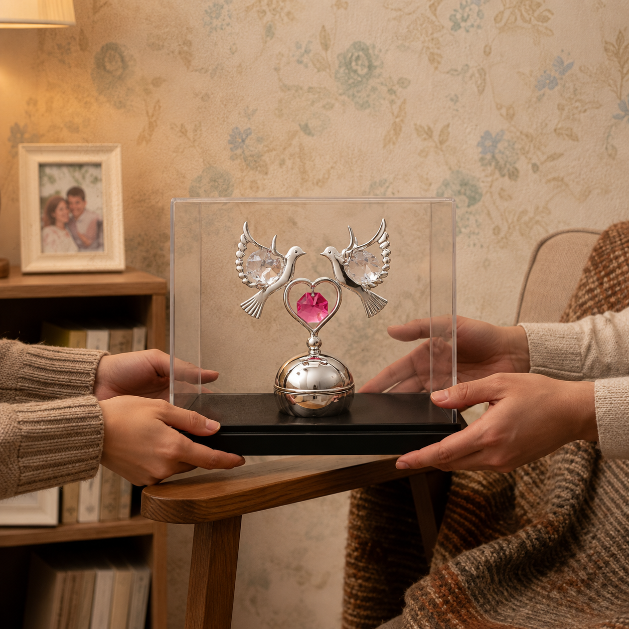 Silver Plated Twin Dove Figurine with Pink Crystal Heart