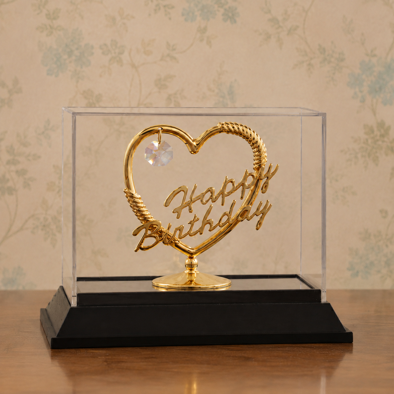 Premium Gold Finish Happy Birthday Heart Showpiece with Crystal Accent & Display Case