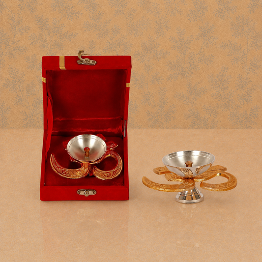 Royal Gold & Silver Finish Om Diya / Pooja Deepak with Velvet Gift Box