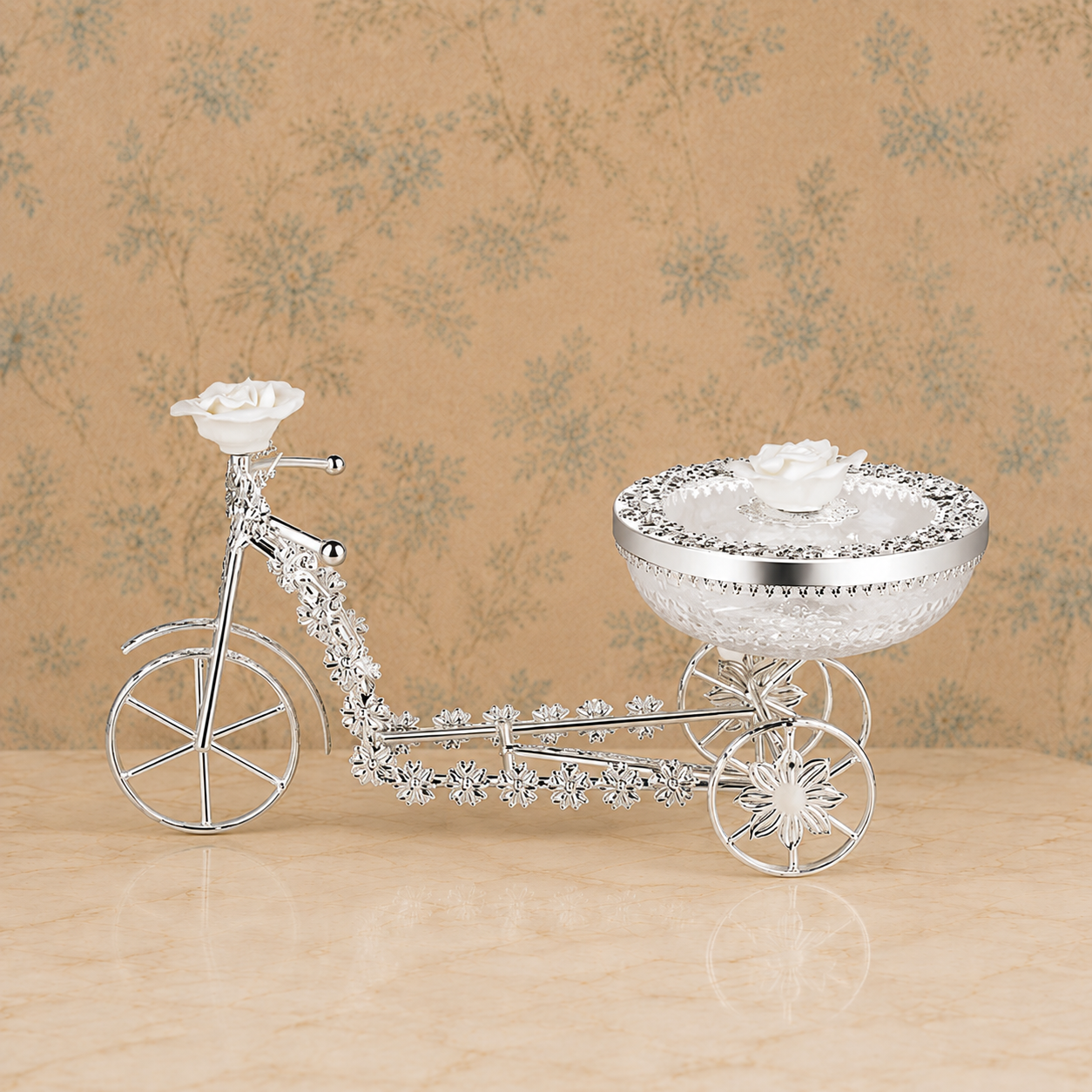 Premium Silver-Tone Decorative Cycle Dry Fruit Bowl with Rose Design
