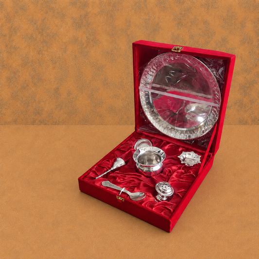 Premium Silver Finish Pooja Thali Set with Accessories & Red Velvet Gift Box