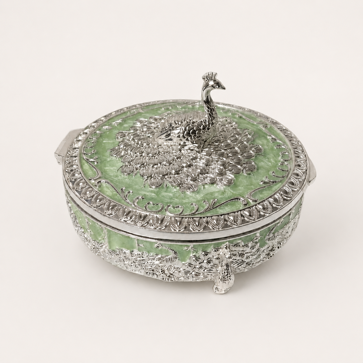 German Silver Peacock Enamel Decorative Storage Box