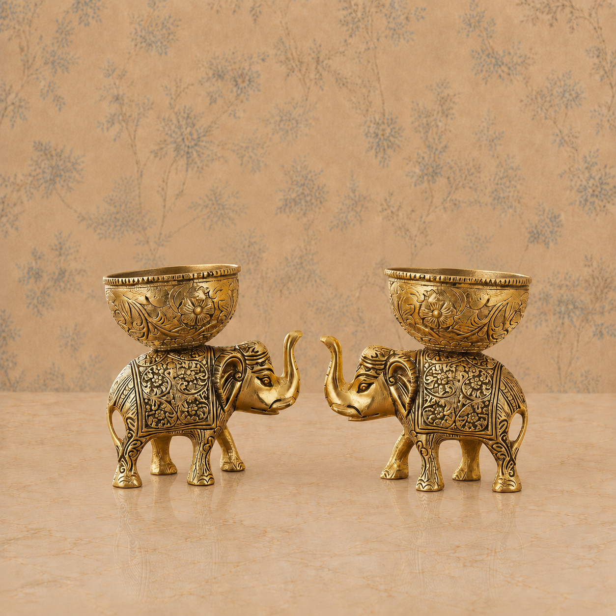Antique Gold-Tone Elephant Decorative Bowl Set – Pair