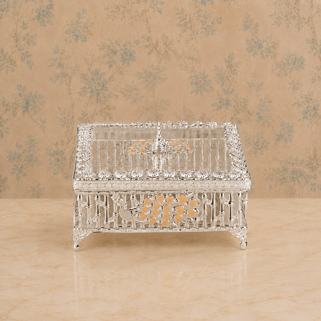 Premium Silver-Tone Peacock Dry Fruit Box with Decorative Lid