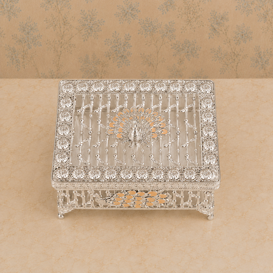 Premium Silver-Tone Peacock Dry Fruit Box with Decorative Lid