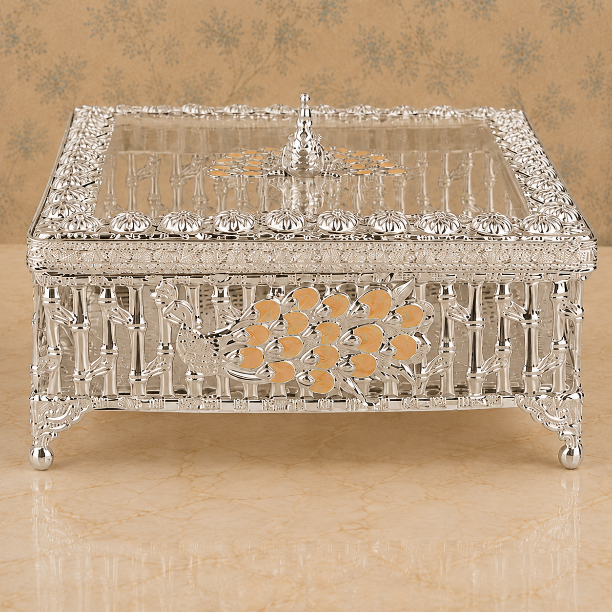 Premium Silver-Tone Peacock Dry Fruit Box with Decorative Lid