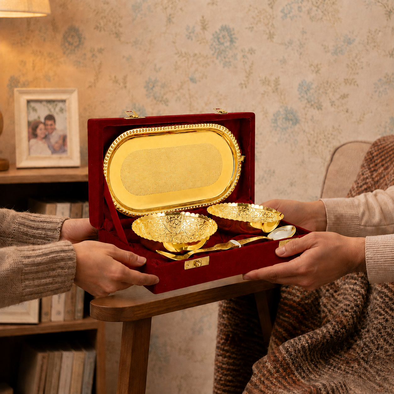 Premium Gold-Plated Bowl Set with Serving Tray & Spoons – Velvet Gift Box