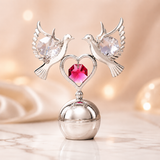 Silver Plated Twin Dove Figurine with Pink Crystal Heart