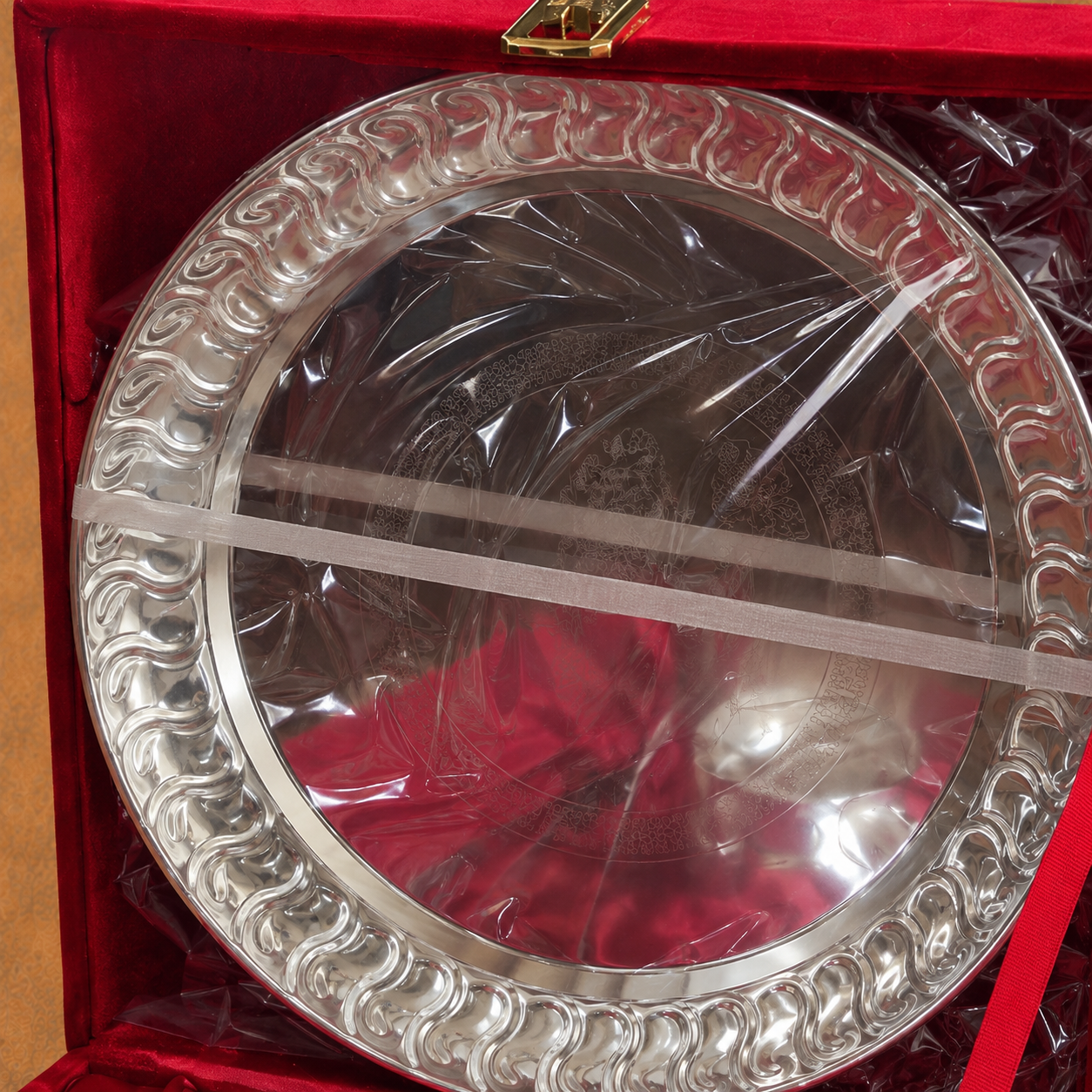 Premium Silver Finish Pooja Thali Set with Accessories & Red Velvet Gift Box