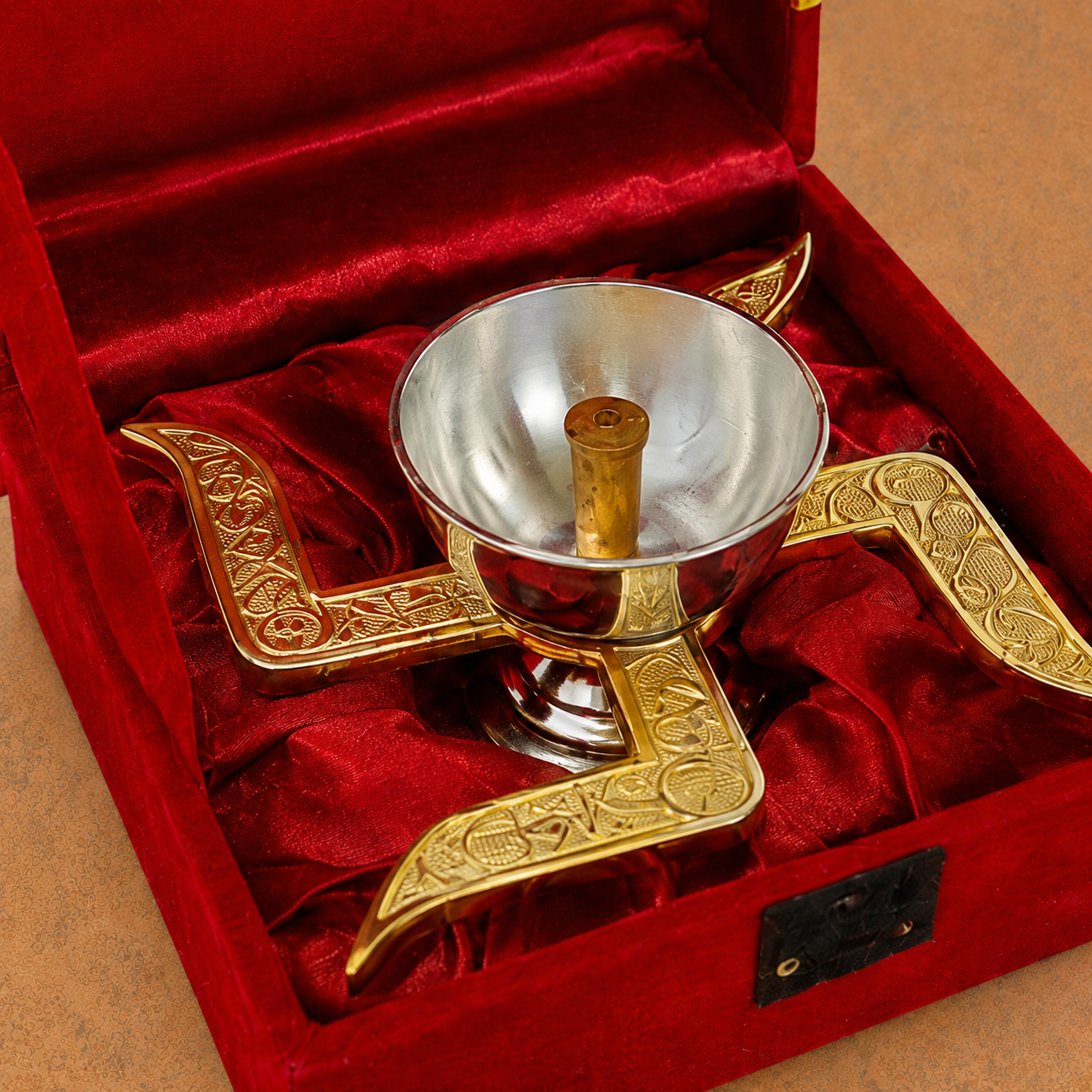 Premium Gold & Silver Finish Swastik Diya with Wick Holder – Decorative Pooja Gift Set