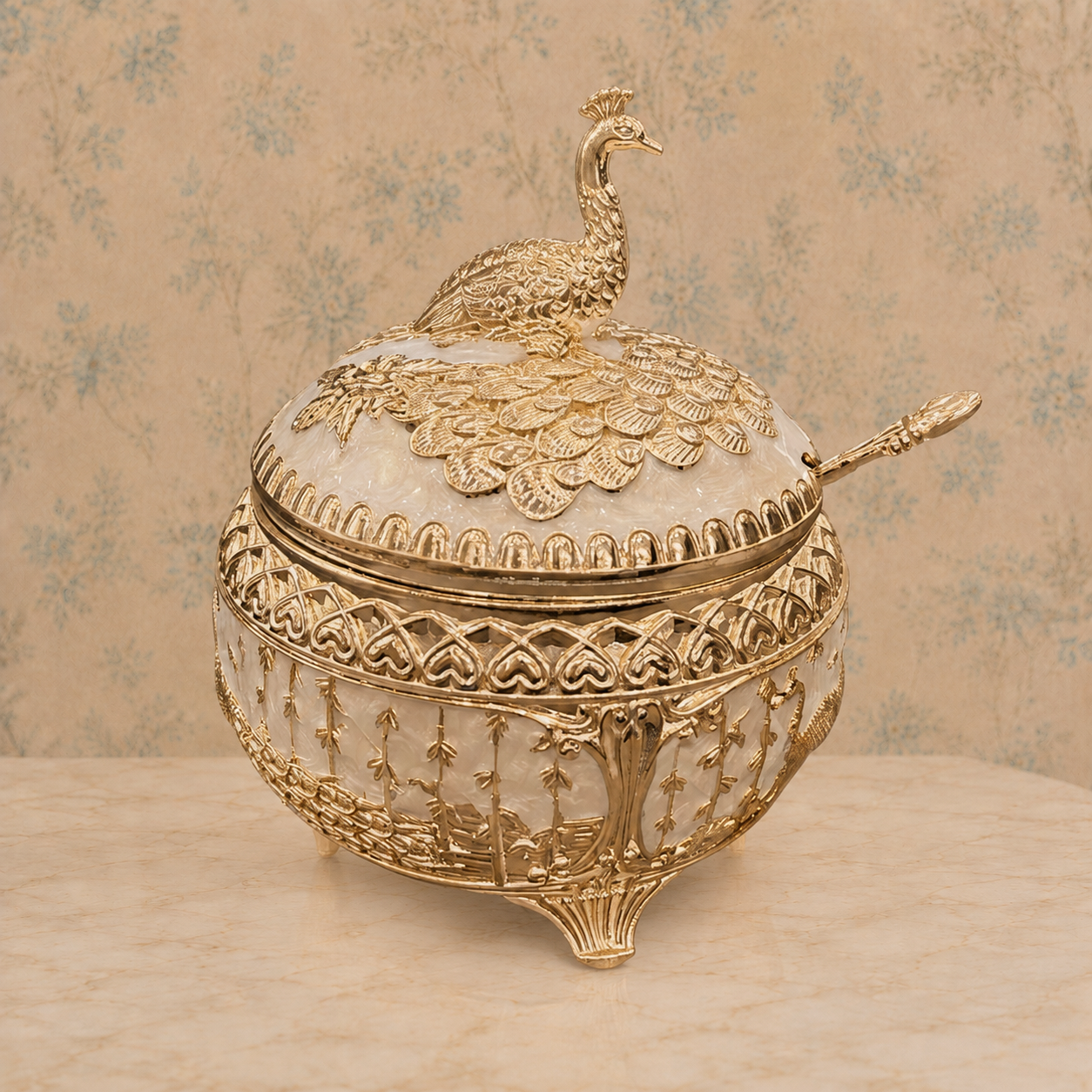 Premium Gold-Tone Peacock Decorative Serving Bowl with Lid & Spoon