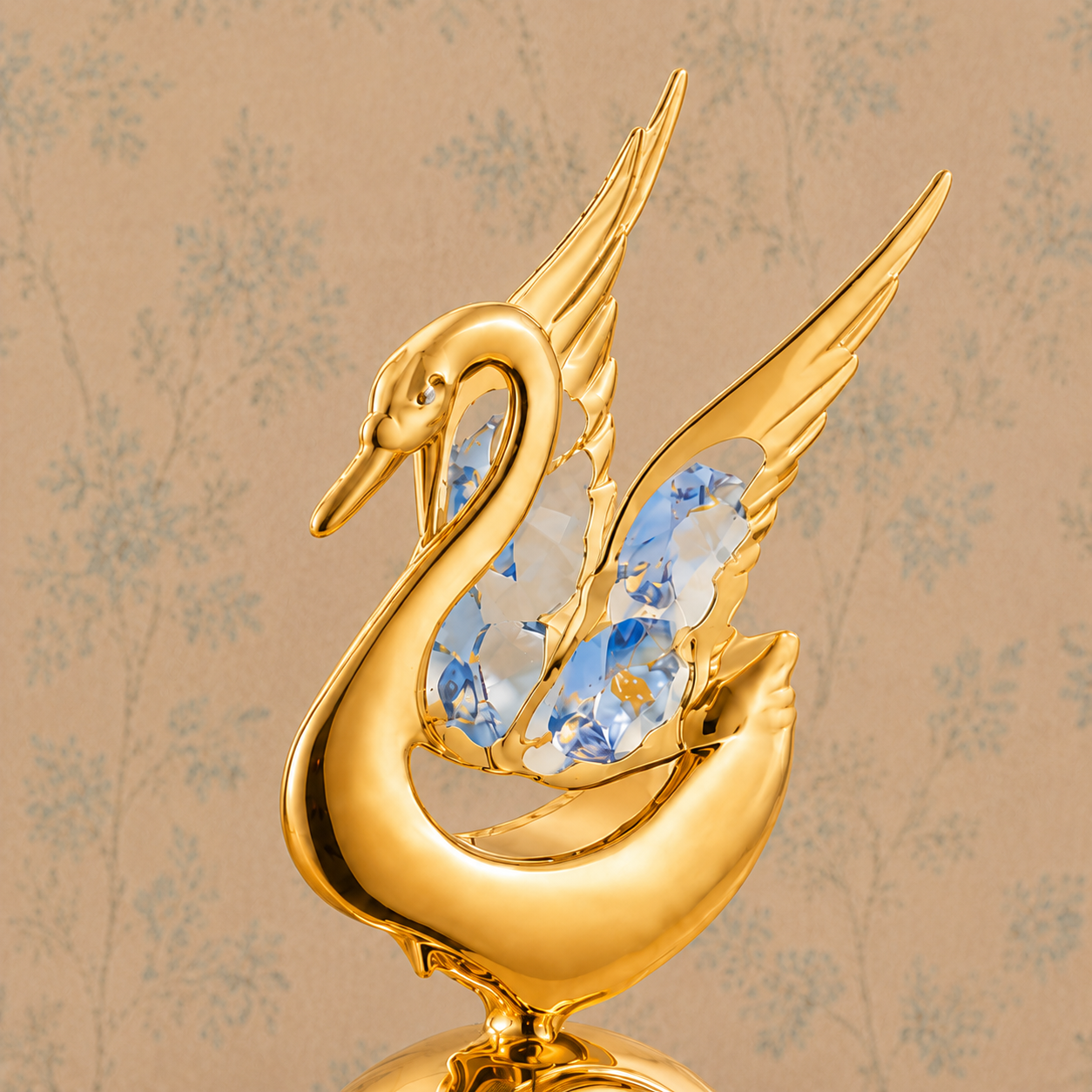 Golden Swan Crystal Figurine with Integrated Table Clock