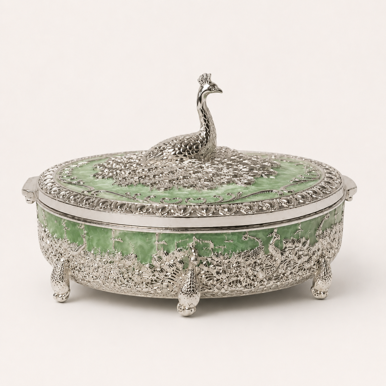 German Silver Peacock Enamel Decorative Storage Box