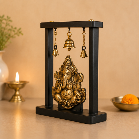 Lord Ganesha Hanging Bell Wooden Frame