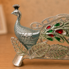 Silver-Tone Double Peacock Decorative Showpiece with Red & Green Stone Accents